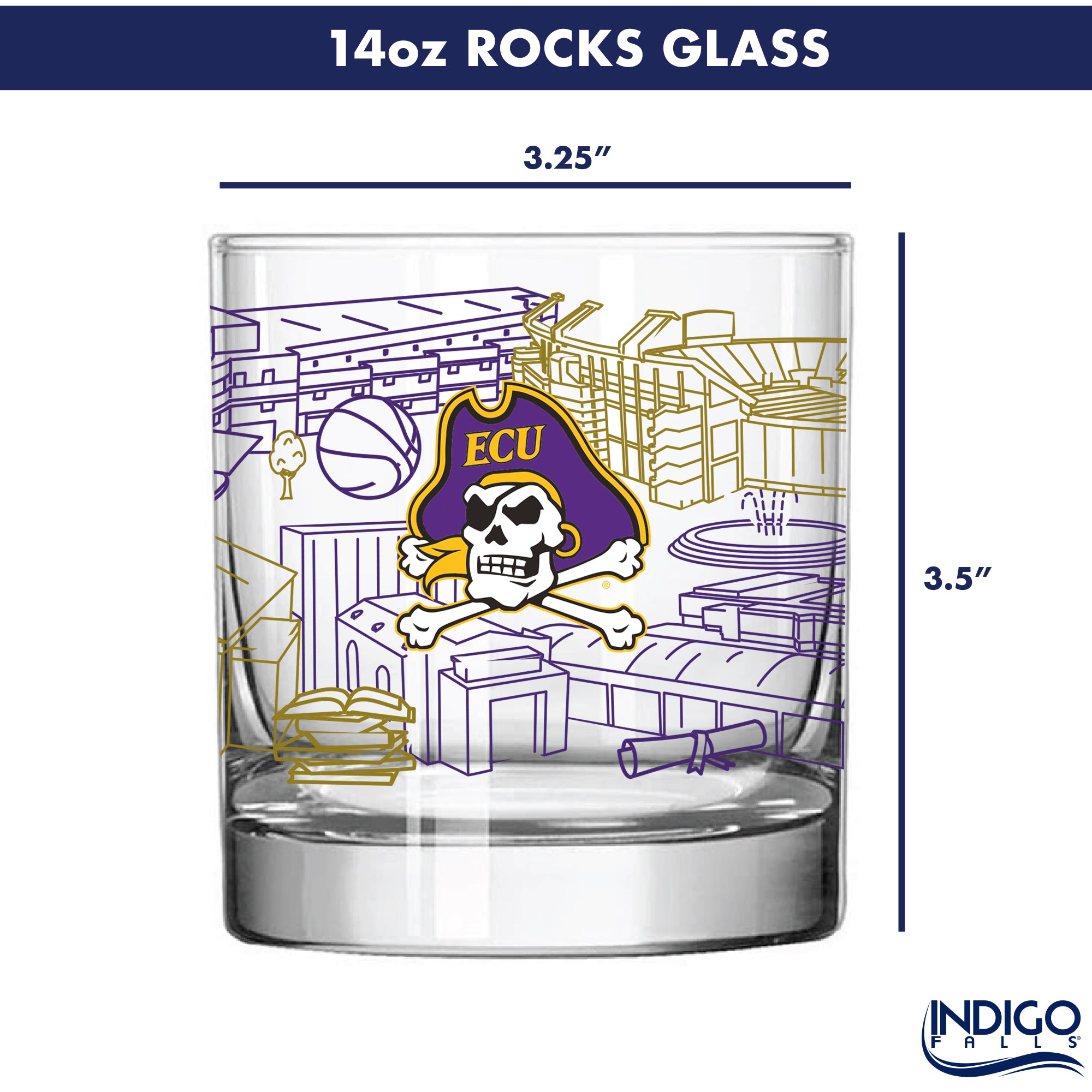 Set of 4 East Carolina Pirates Campus Line Art 14oz Rocks Glasses
