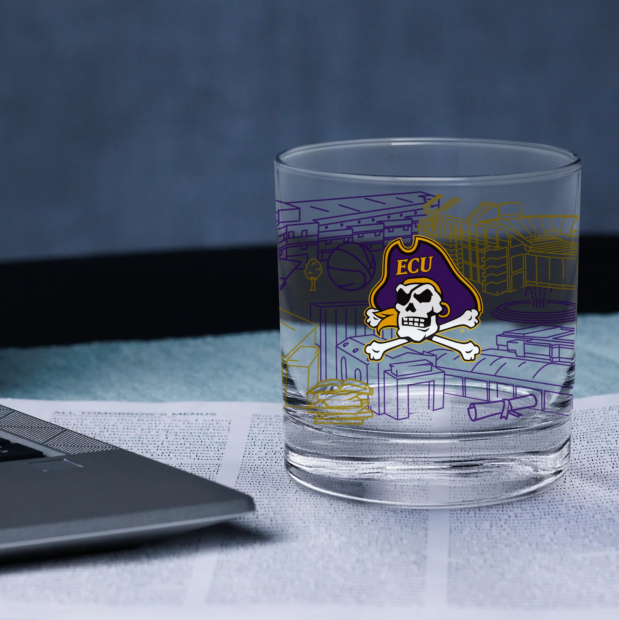 Set of 4 East Carolina Pirates Campus Line Art 14oz Rocks Glasses