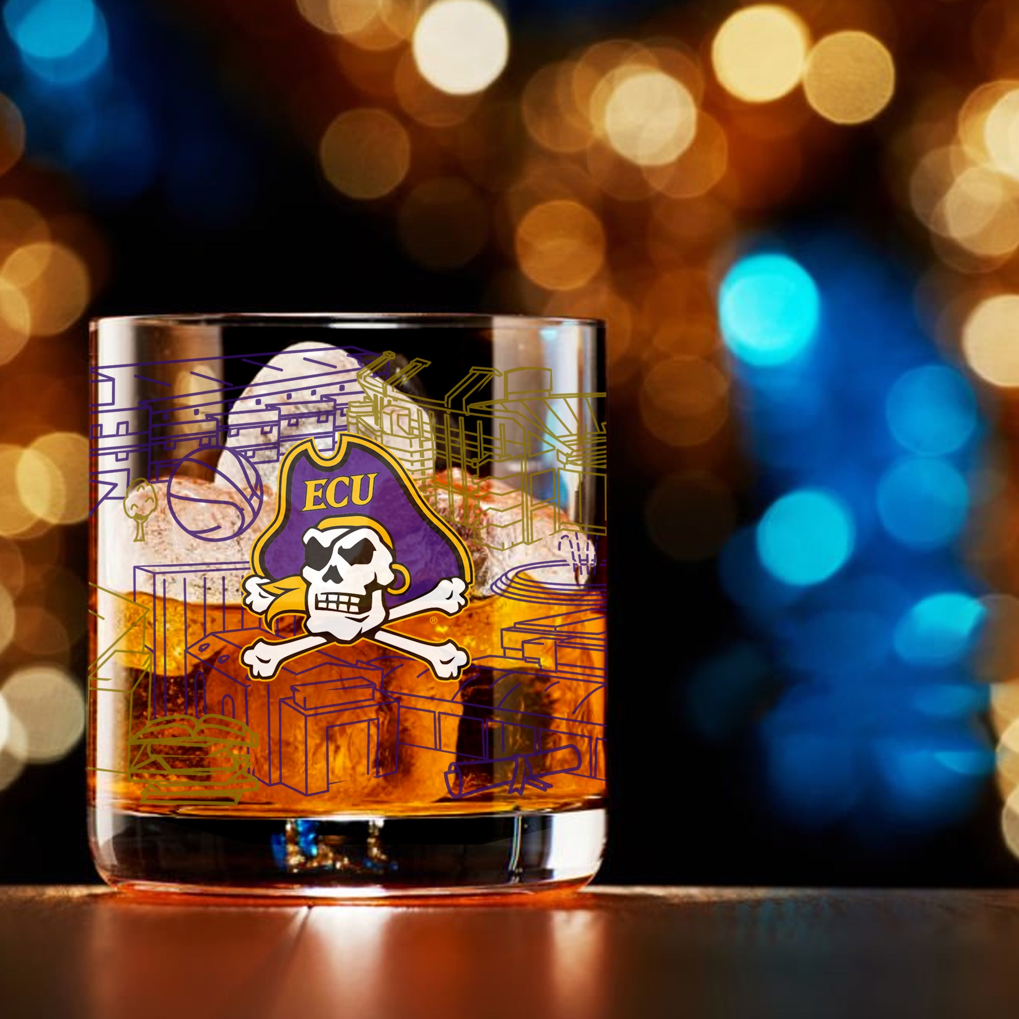 Set of 4 East Carolina Pirates Campus Line Art 14oz Rocks Glasses