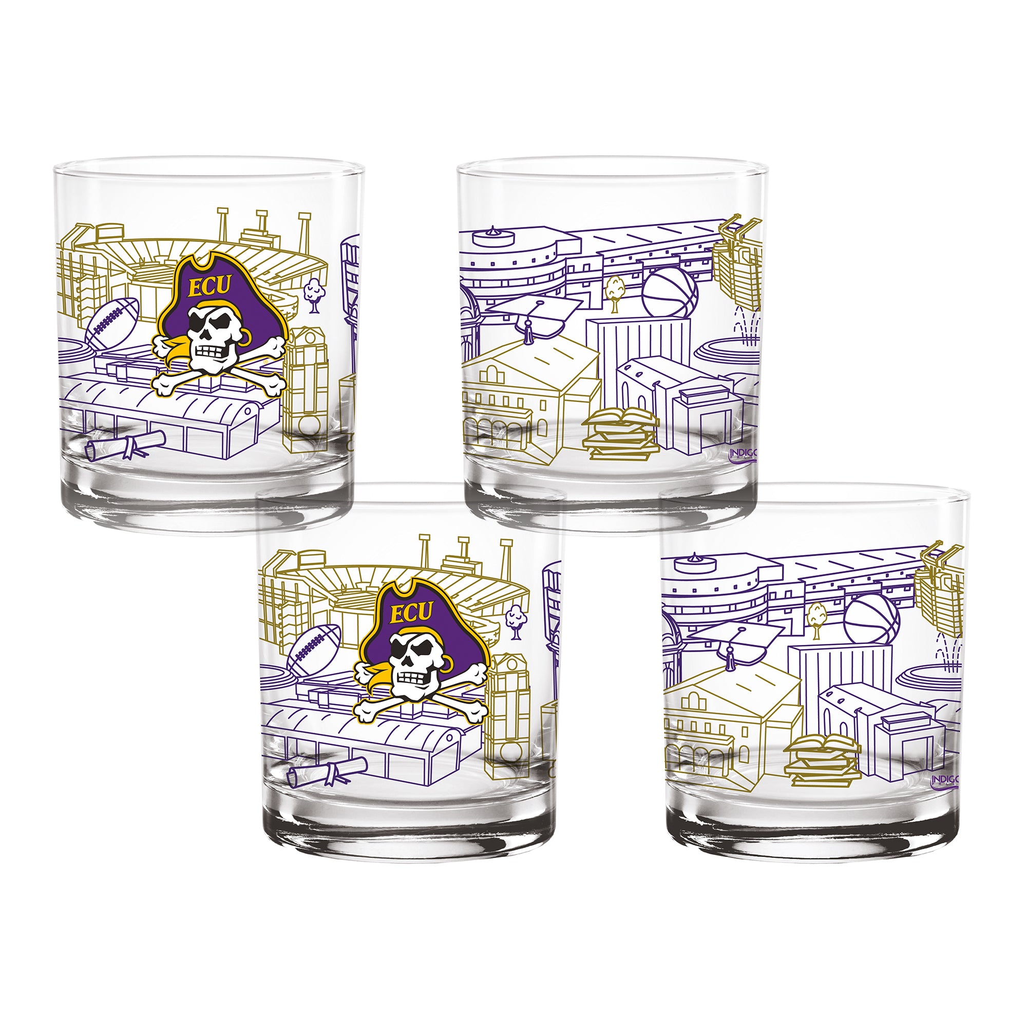 Set of 4 East Carolina Pirates Campus Line Art 14oz Rocks Glasses
