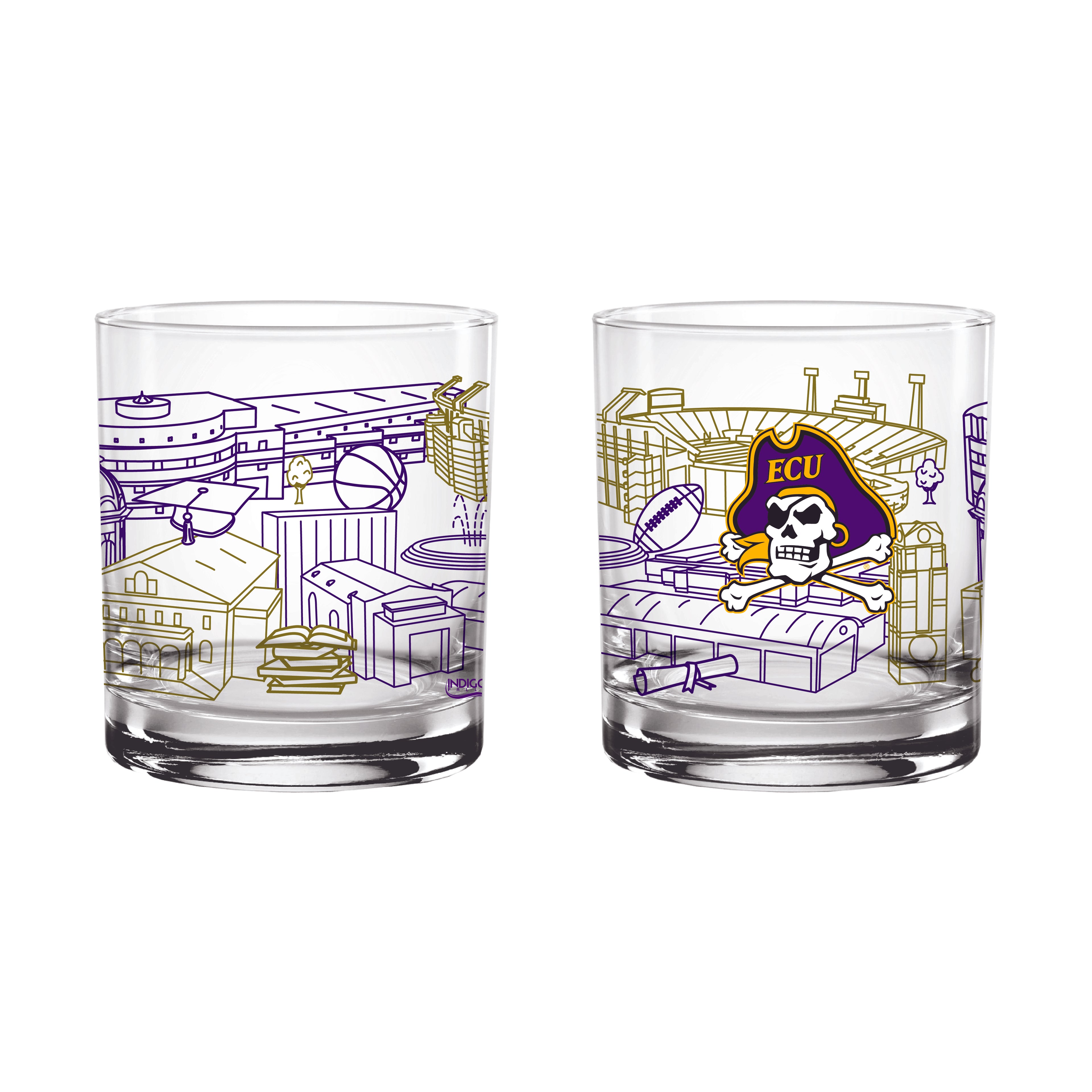 Set of 2 East Carolina Pirates Campus Line Art 14oz Rocks Glasses