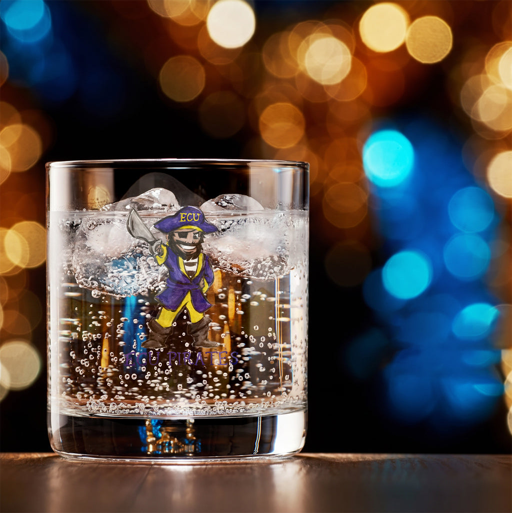 Set of 4 East Carolina Pirates Mascot by Laura Wilcox 14oz Rocks Glasses