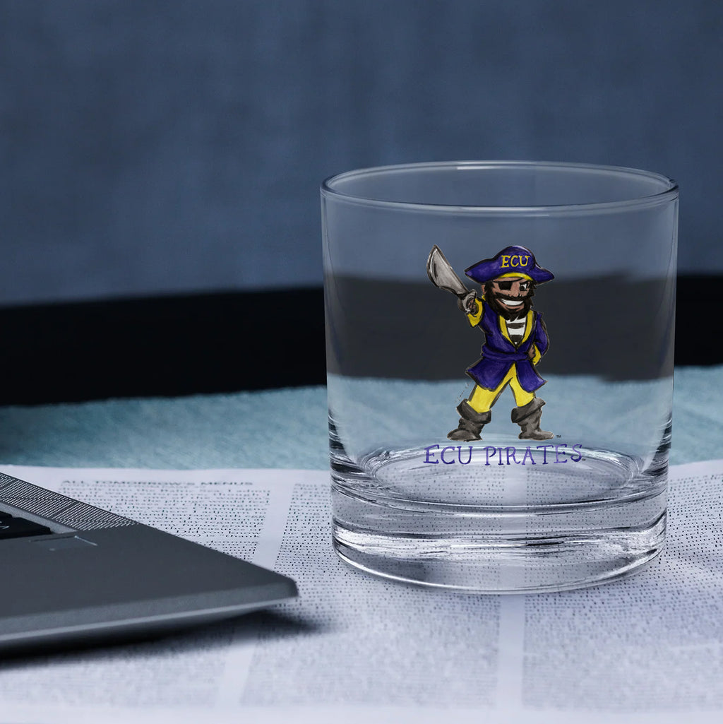 Set of 4 East Carolina Pirates Mascot by Laura Wilcox 14oz Rocks Glasses