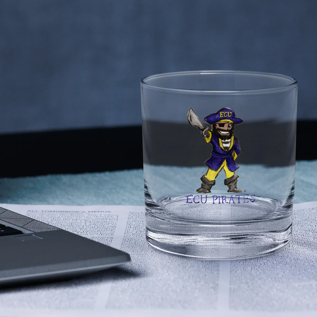 Set of 4 East Carolina Pirates Mascot by Laura Wilcox 14oz Rocks Glasses