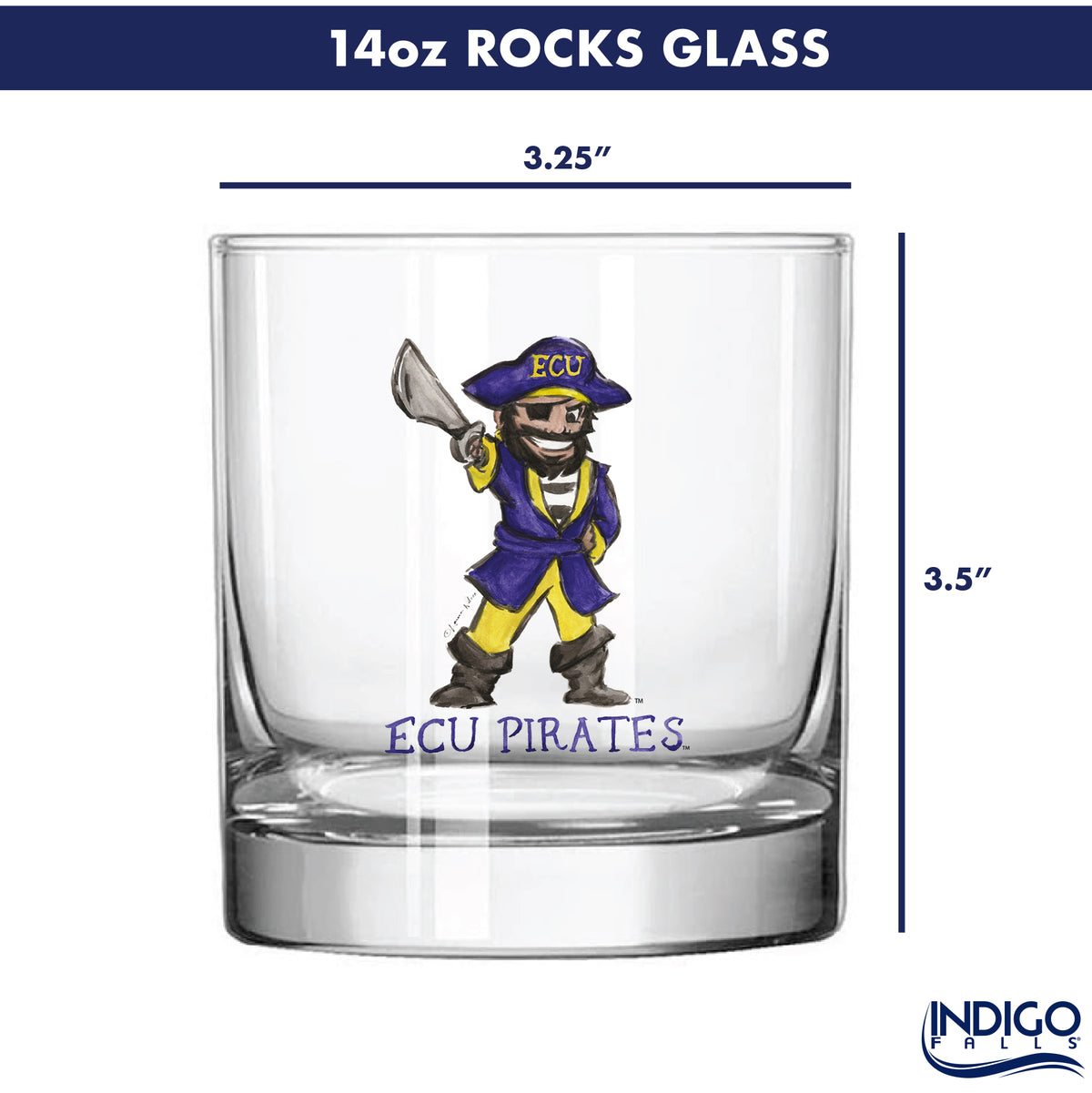 Set of 4 East Carolina Pirates Mascot by Laura Wilcox 14oz Rocks Glasses