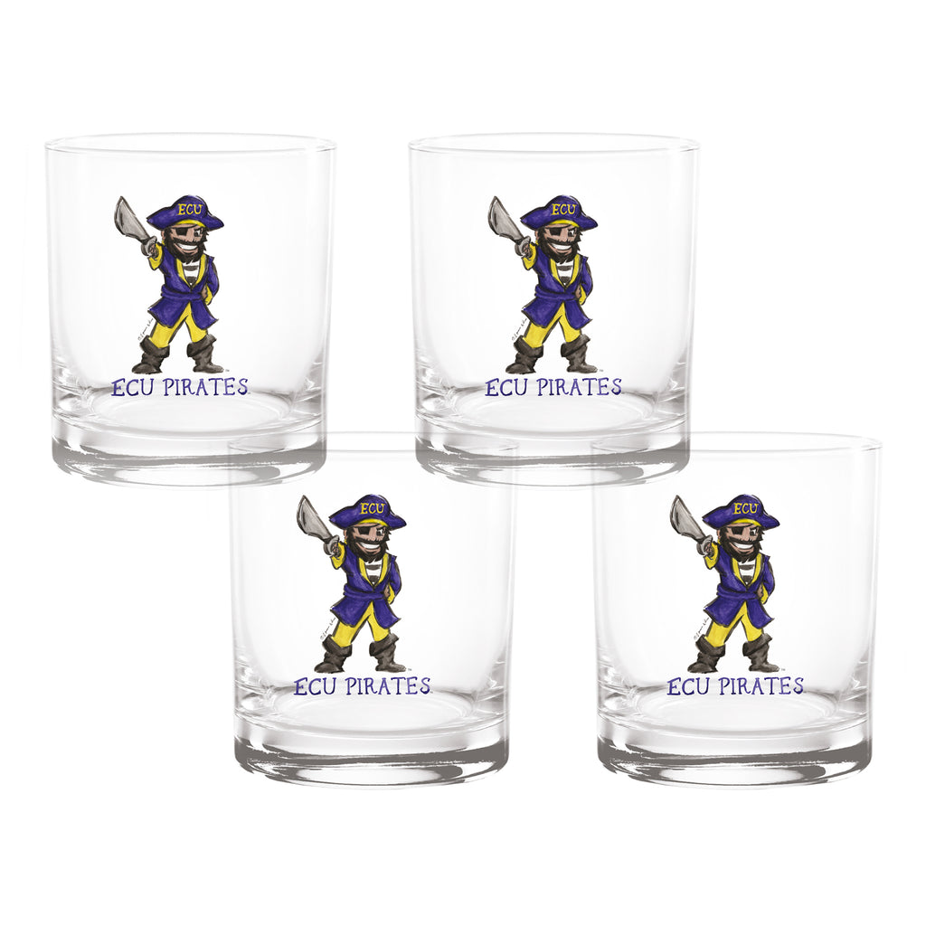 Set of 4 East Carolina Pirates Mascot by Laura Wilcox 14oz Rocks Glasses