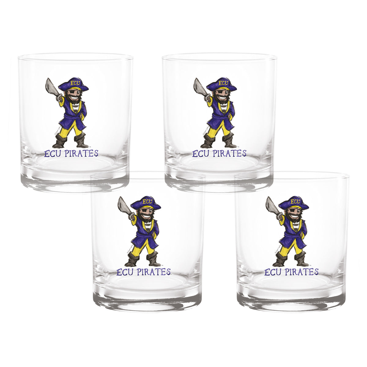 Set of 4 East Carolina Pirates Mascot by Laura Wilcox 14oz Rocks Glasses