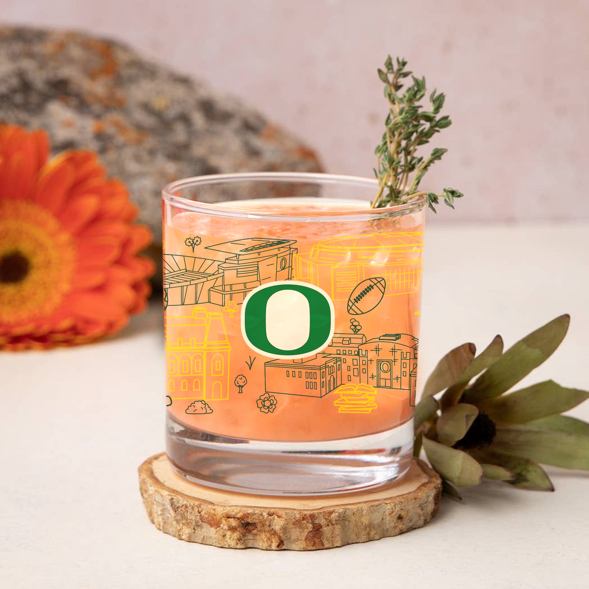 Set of 4 Oregon Ducks Campus Line Art 14oz Rocks Glasses