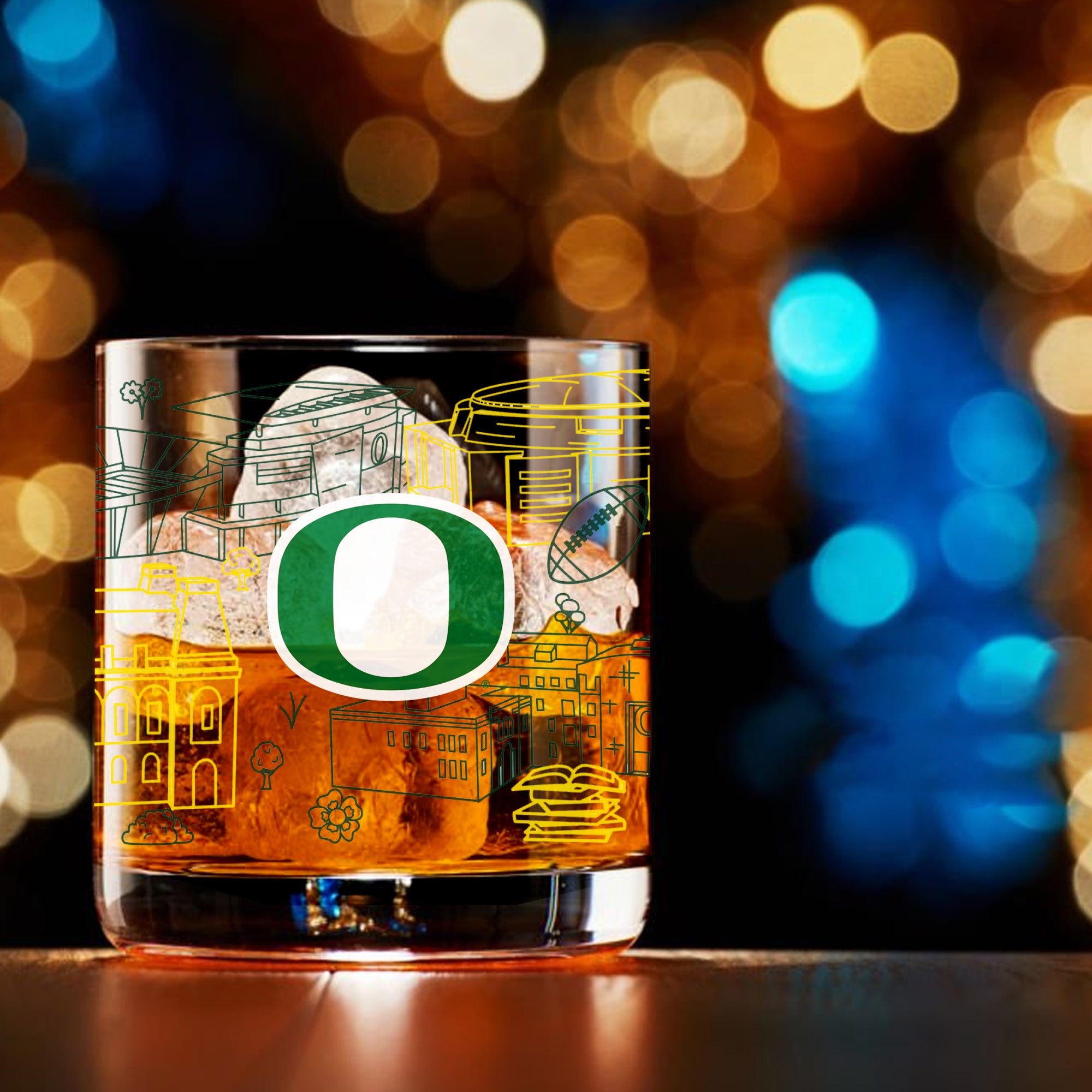 Set of 4 Oregon Ducks Campus Line Art 14oz Rocks Glasses
