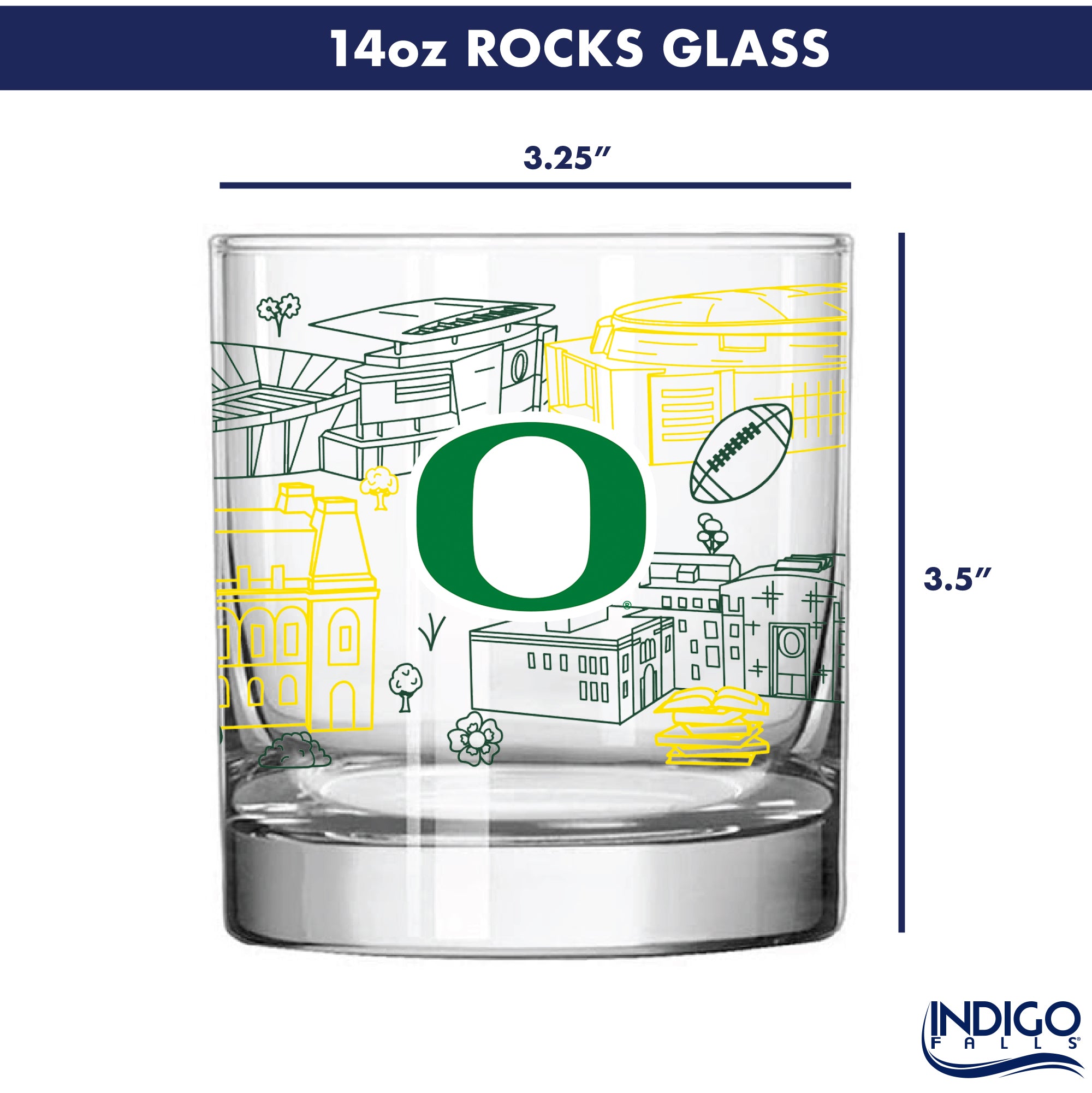 Set of 4 Oregon Ducks Campus Line Art 14oz Rocks Glasses