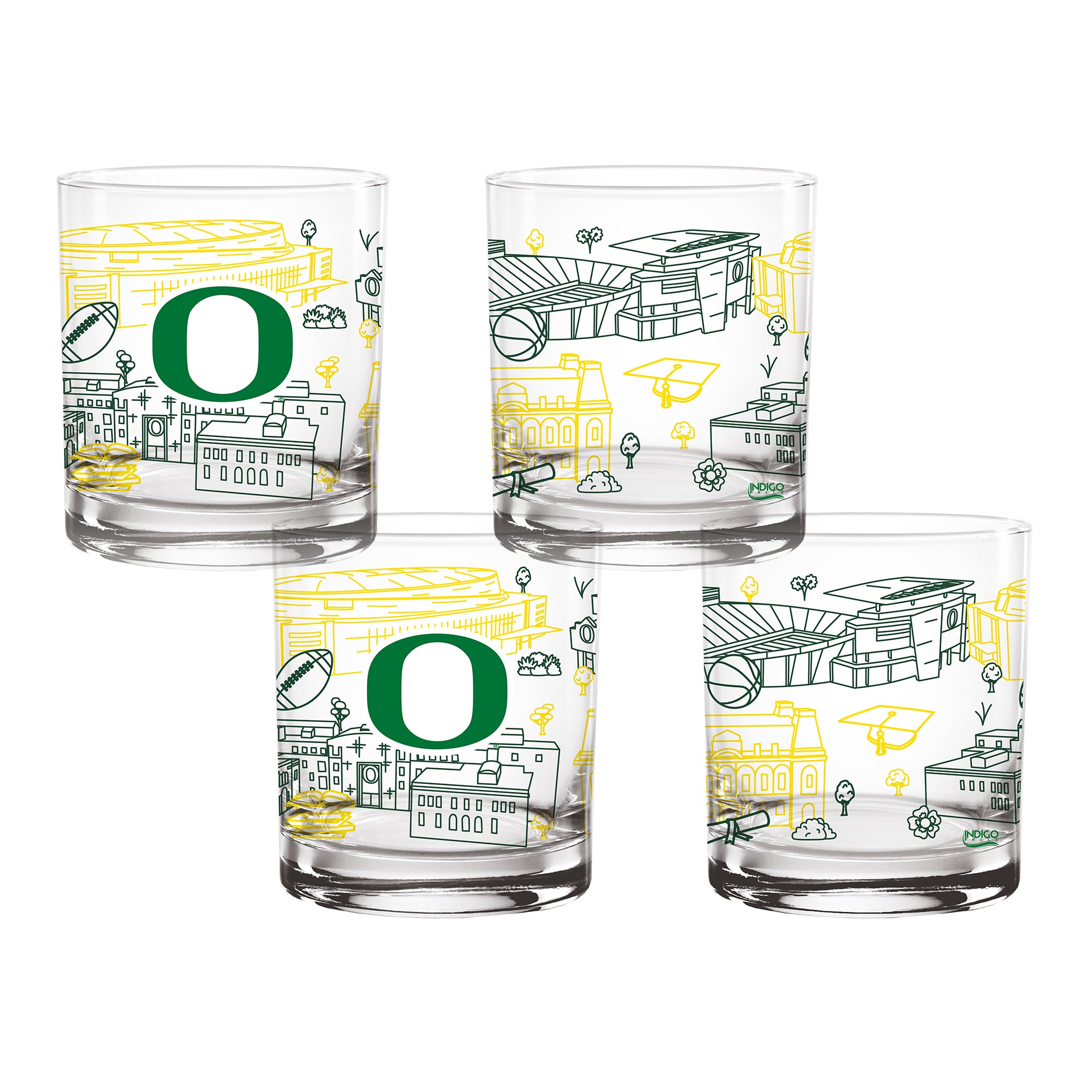 Set of 4 Oregon Ducks Campus Line Art 14oz Rocks Glasses