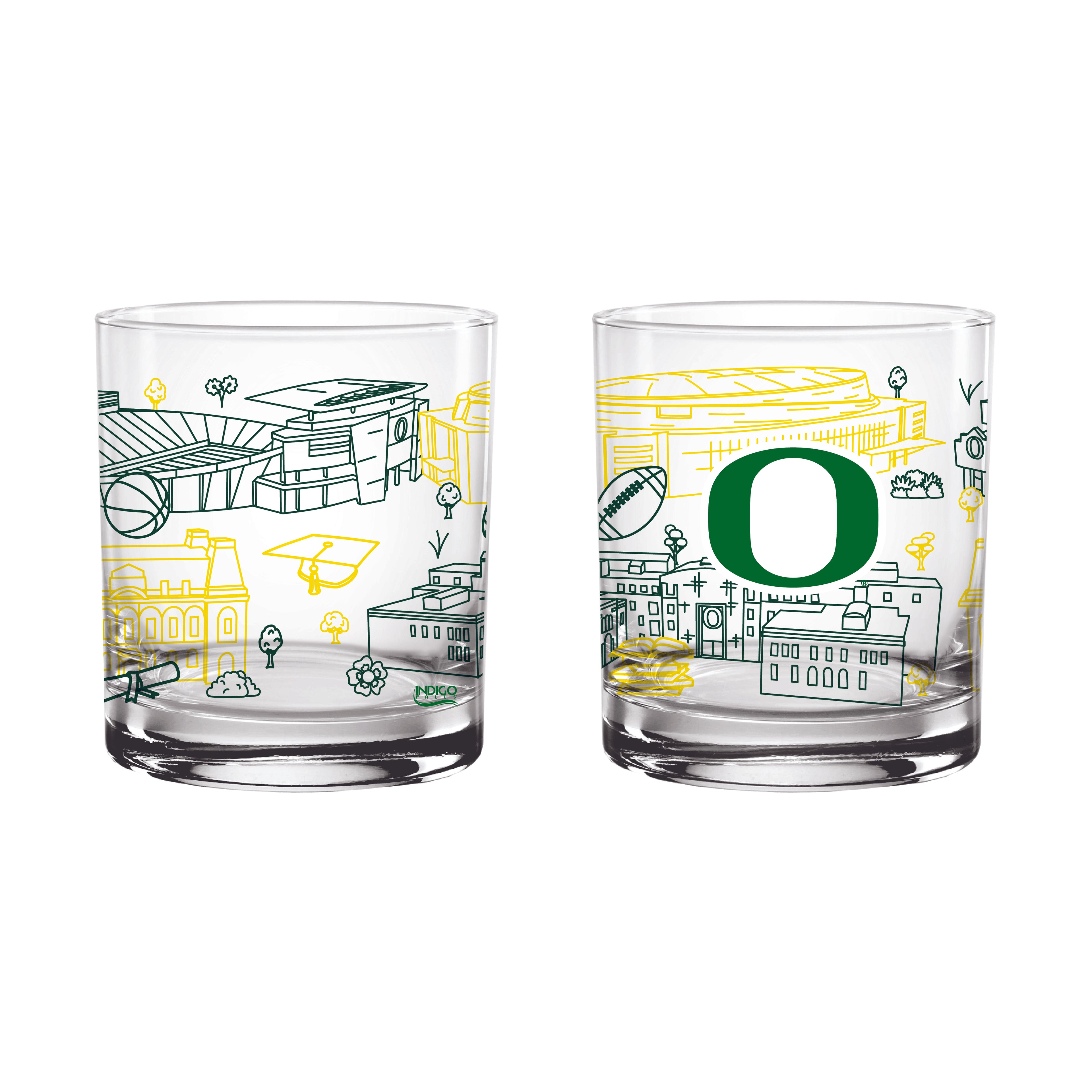 Set of 2 Oregon Ducks Campus Line Art 14oz Rocks Glasses