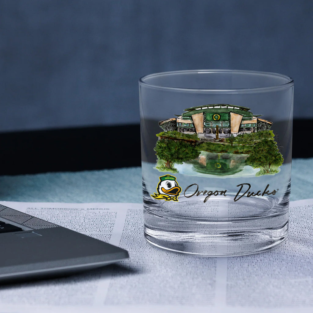 Set of 4 Oregon Ducks Mascot by Laura Wilcox 14oz Rocks Glasses