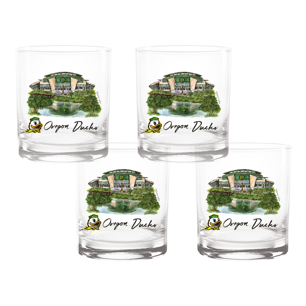 Set of 4 Oregon Ducks Mascot by Laura Wilcox 14oz Rocks Glasses