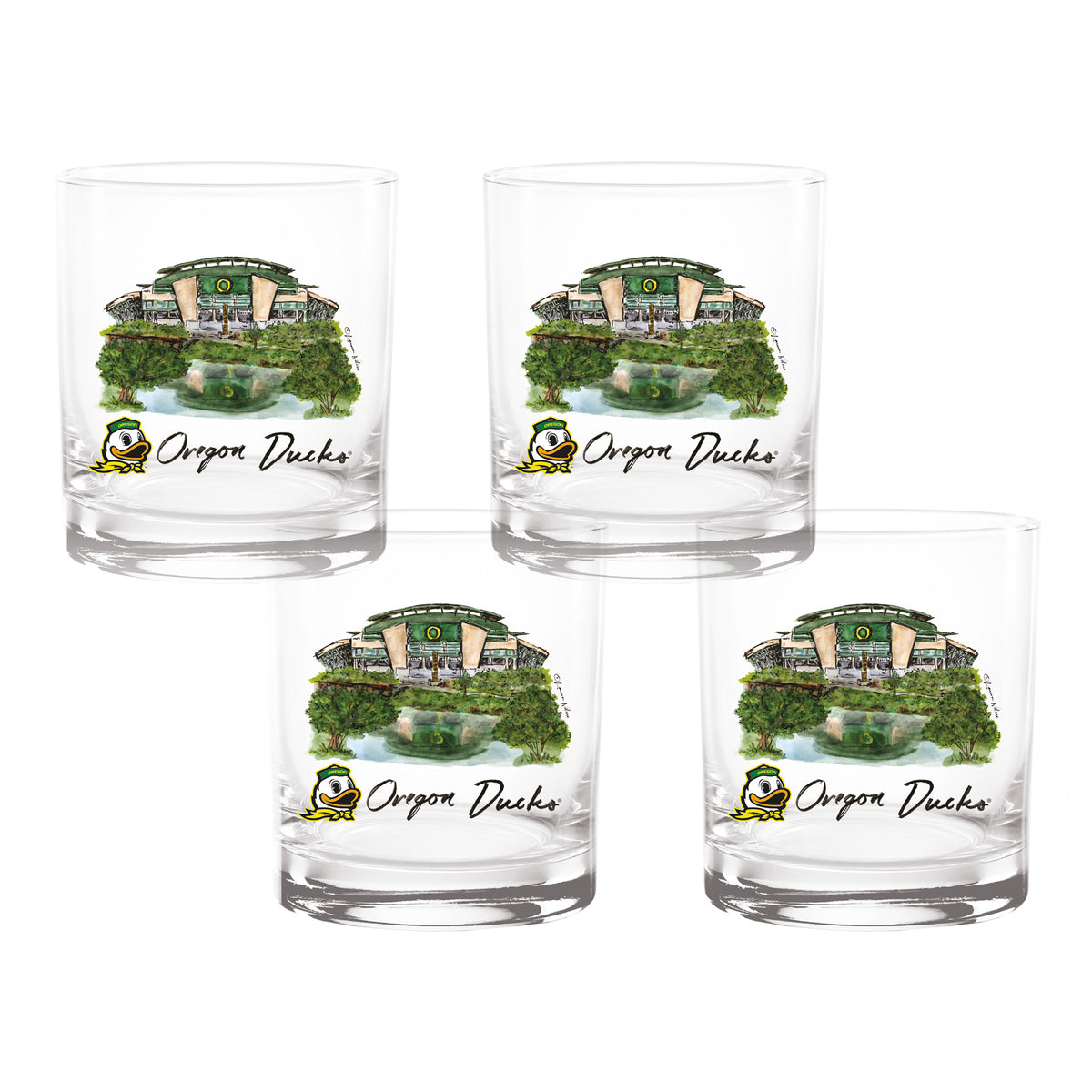 Set of 4 Oregon Ducks Mascot by Laura Wilcox 14oz Rocks Glasses