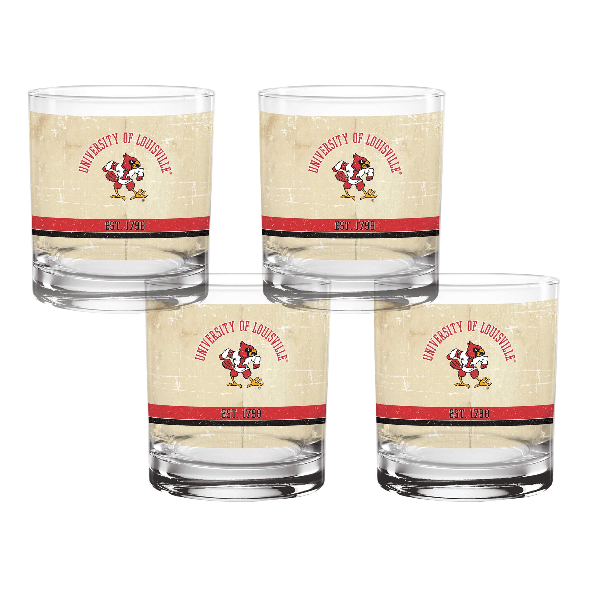 Set of 4 Louisville Cardinals College Vault Tan Retro 14oz Rocks Glasses