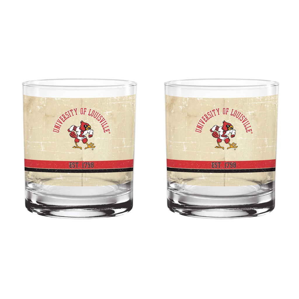 Louisville Cardinals Set of 2 College Vault Tan Retro 14oz Rocks Glasses