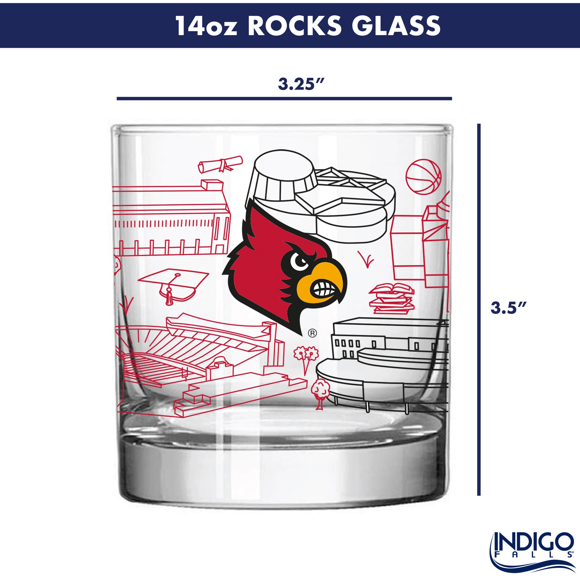 Set of 4 Louisville Cardinals Campus Line Art 14oz Rocks Glasses