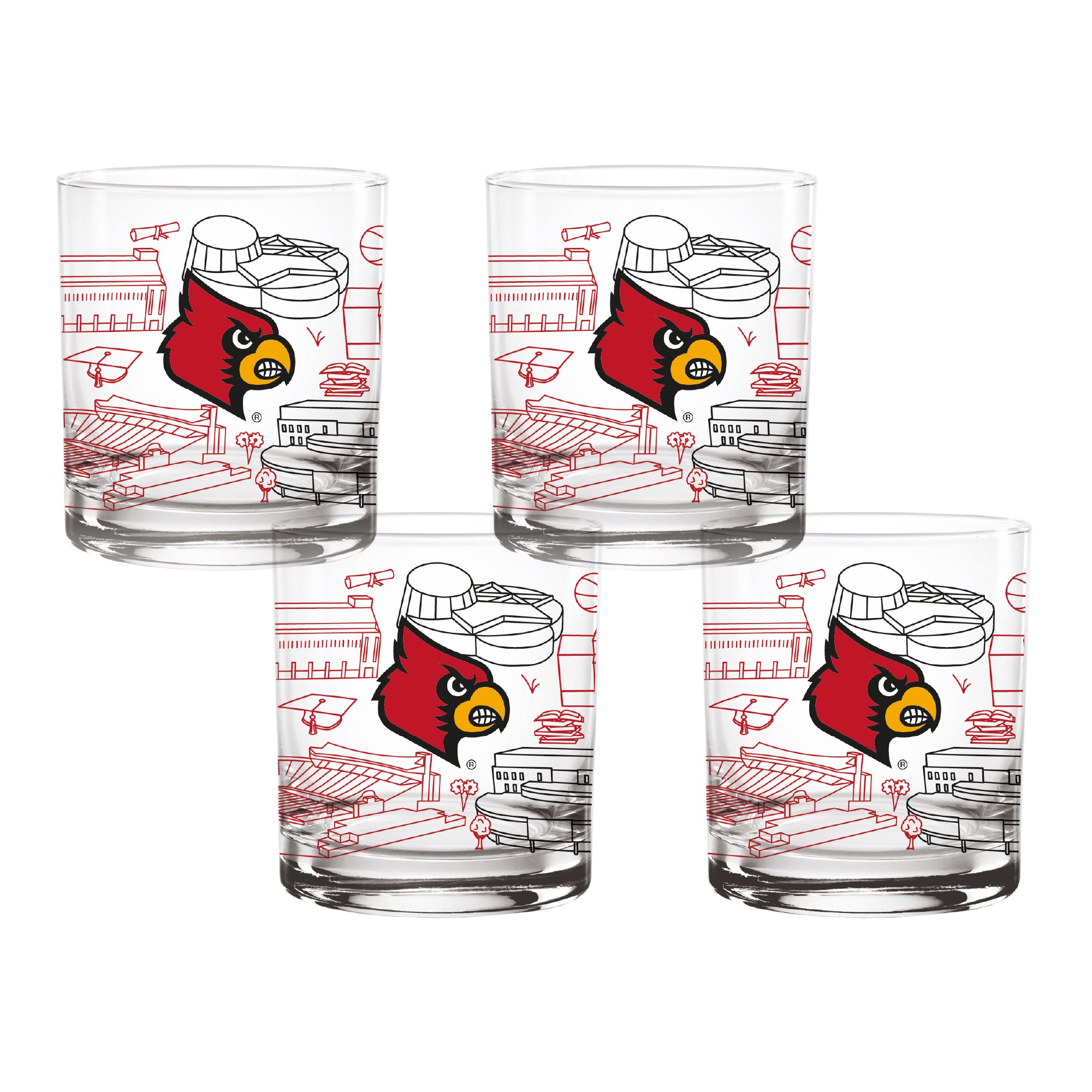 Set of 4 Louisville Cardinals Campus Line Art 14oz Rocks Glasses