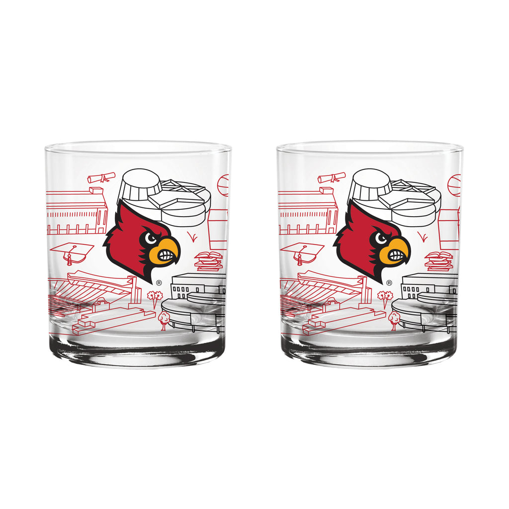 Set of 2 Louisville Cardinals Campus Line Art 14oz Rocks Glasses