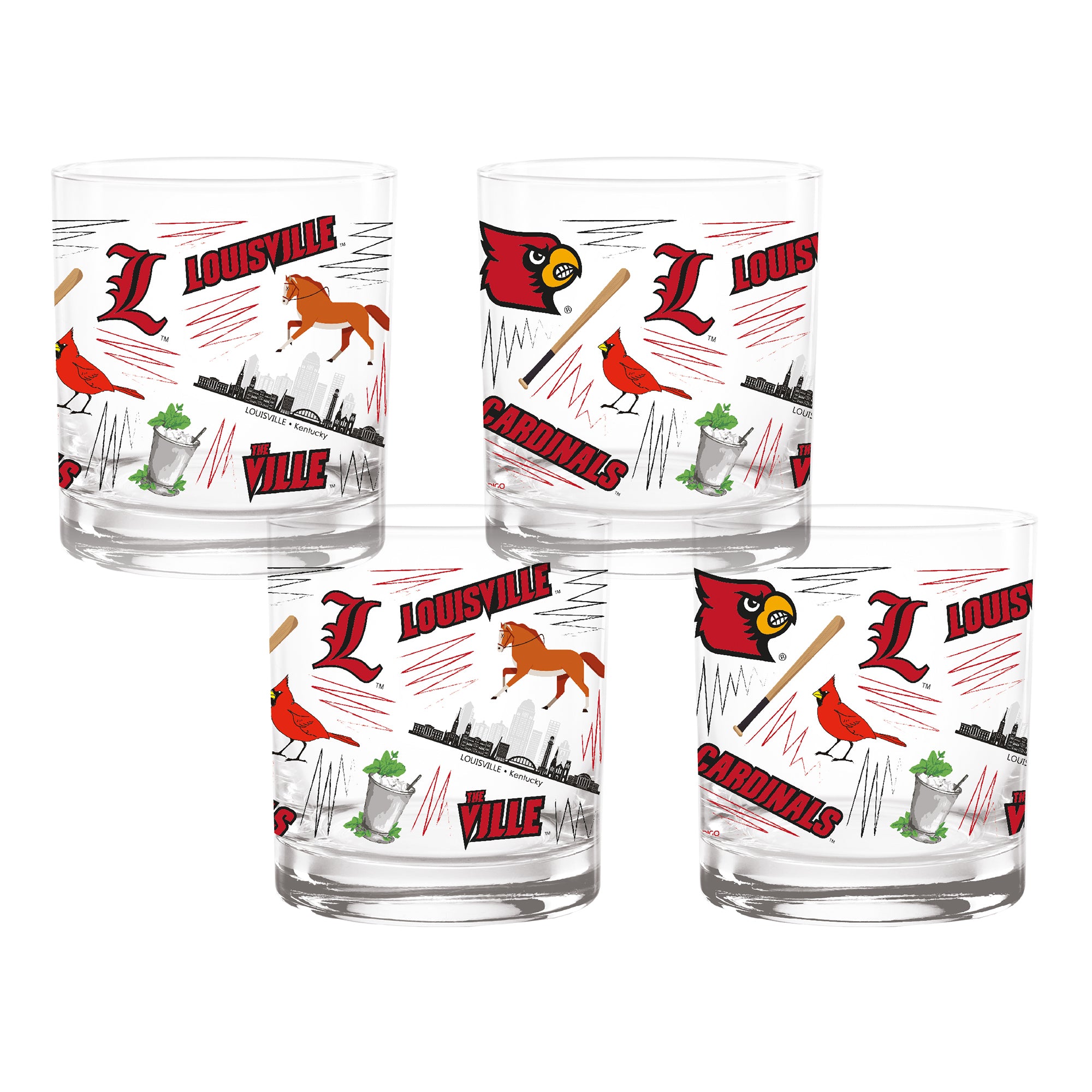Set of 4 Louisville Cardinals 14oz Local Rocks Glasses
