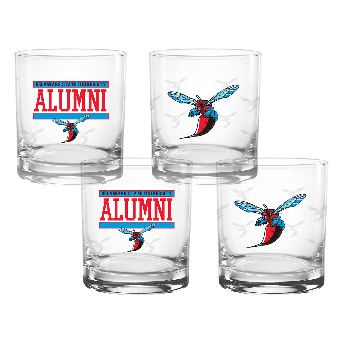 Set of 4 Delaware State Hornets 14oz XD Alumni Rocks Glasses