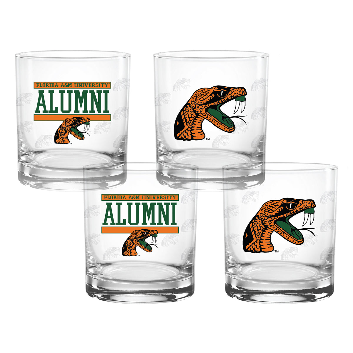 Set of 4 Florida A&M Rattlers 14oz XD Alumni Rocks Glasses