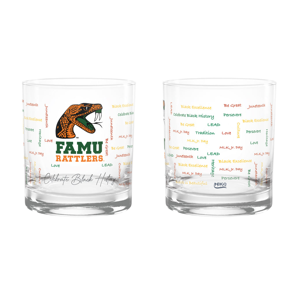 Set of 2 Florida A&M Rattlers 14oz BHM Rocks Glasses