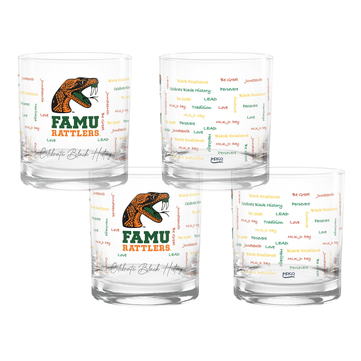 Set of 4 Florida A&M Rattlers 14oz BHM Rocks Glasses