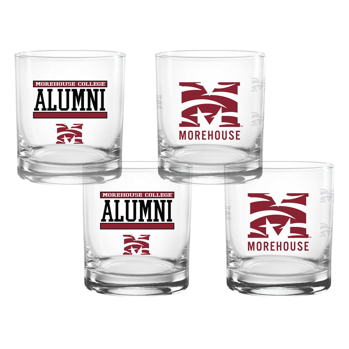 Set of 4 Morehouse Maroon Tigers 14oz XD Alumni Rocks Glasses