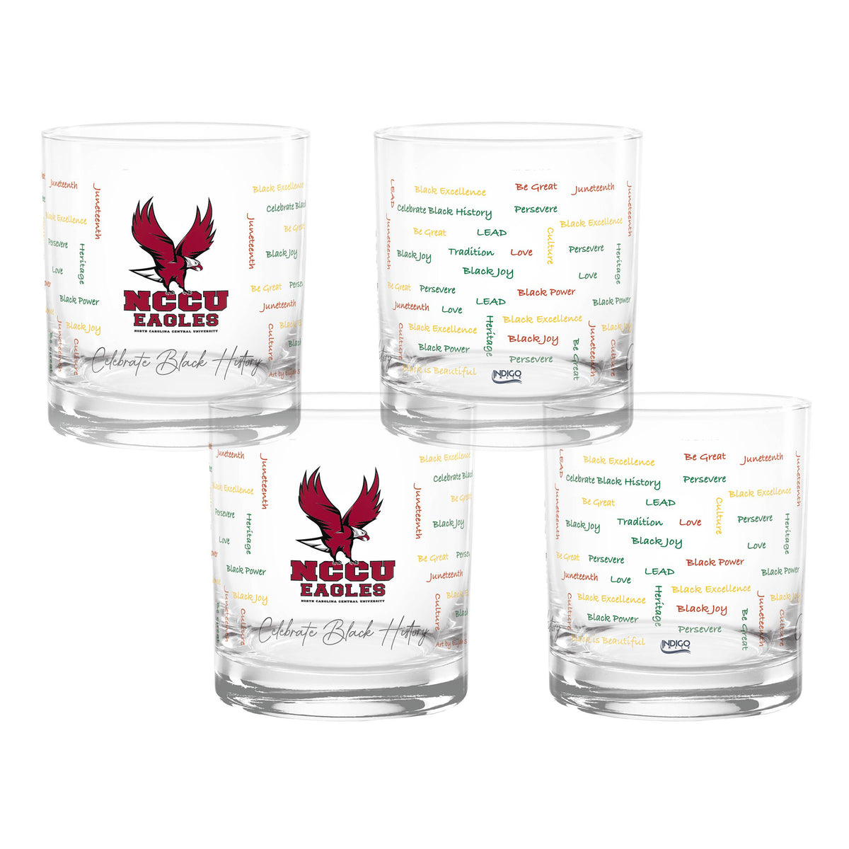 Set of 4 North Carolina Central Eagles 14oz BHM Rocks Glasses