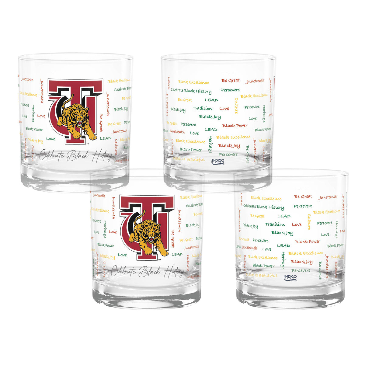 Set of 4 Tuskegee Golden Tigers 14oz BHM Rocks Glasses