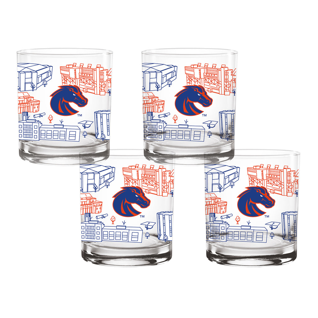 Set of 4 Boise State Broncos Campus Line Art 14oz Rocks Glasses