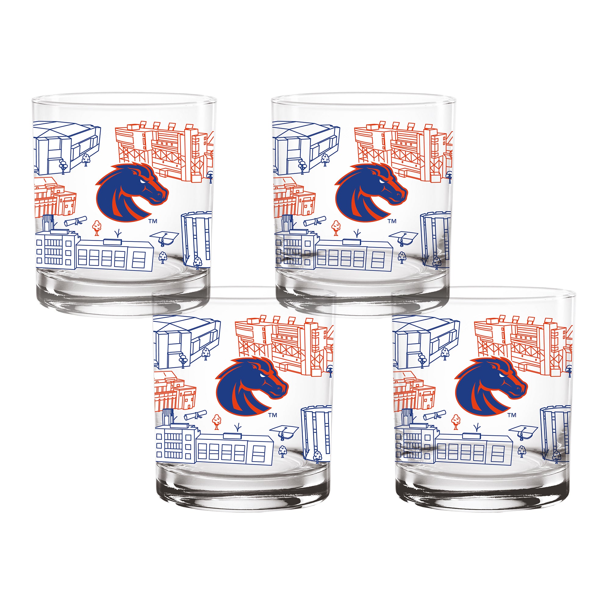 Set of 4 Boise State Broncos Campus Line Art 14oz Rocks Glasses