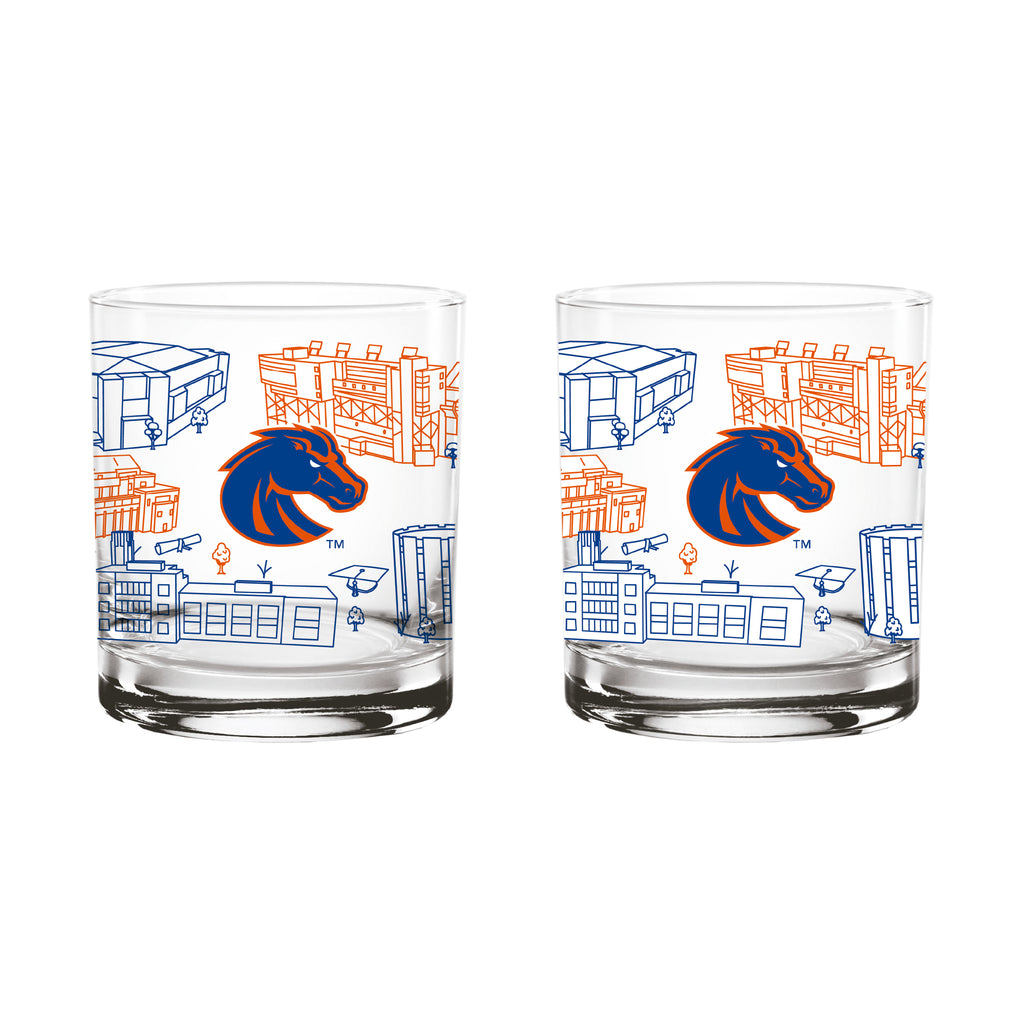 Set of 2 Boise State Broncos Campus Line Art 14oz Rocks Glasses