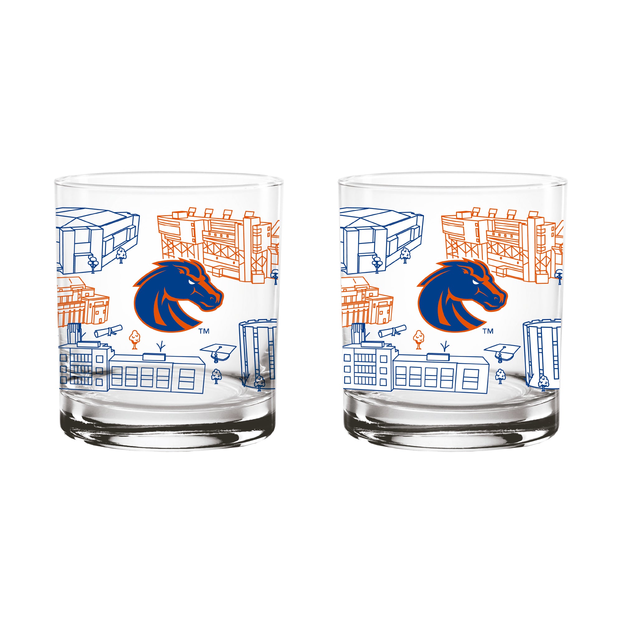 Set of 2 Boise State Broncos Campus Line Art 14oz Rocks Glasses
