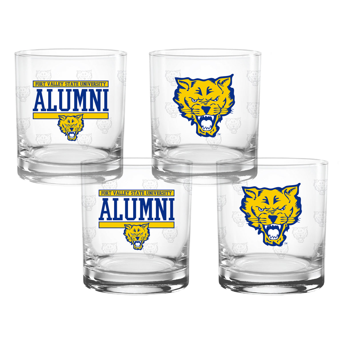 Set of 4 Fort Valley State Wildcats 14oz XD Alumni Rocks Glasses
