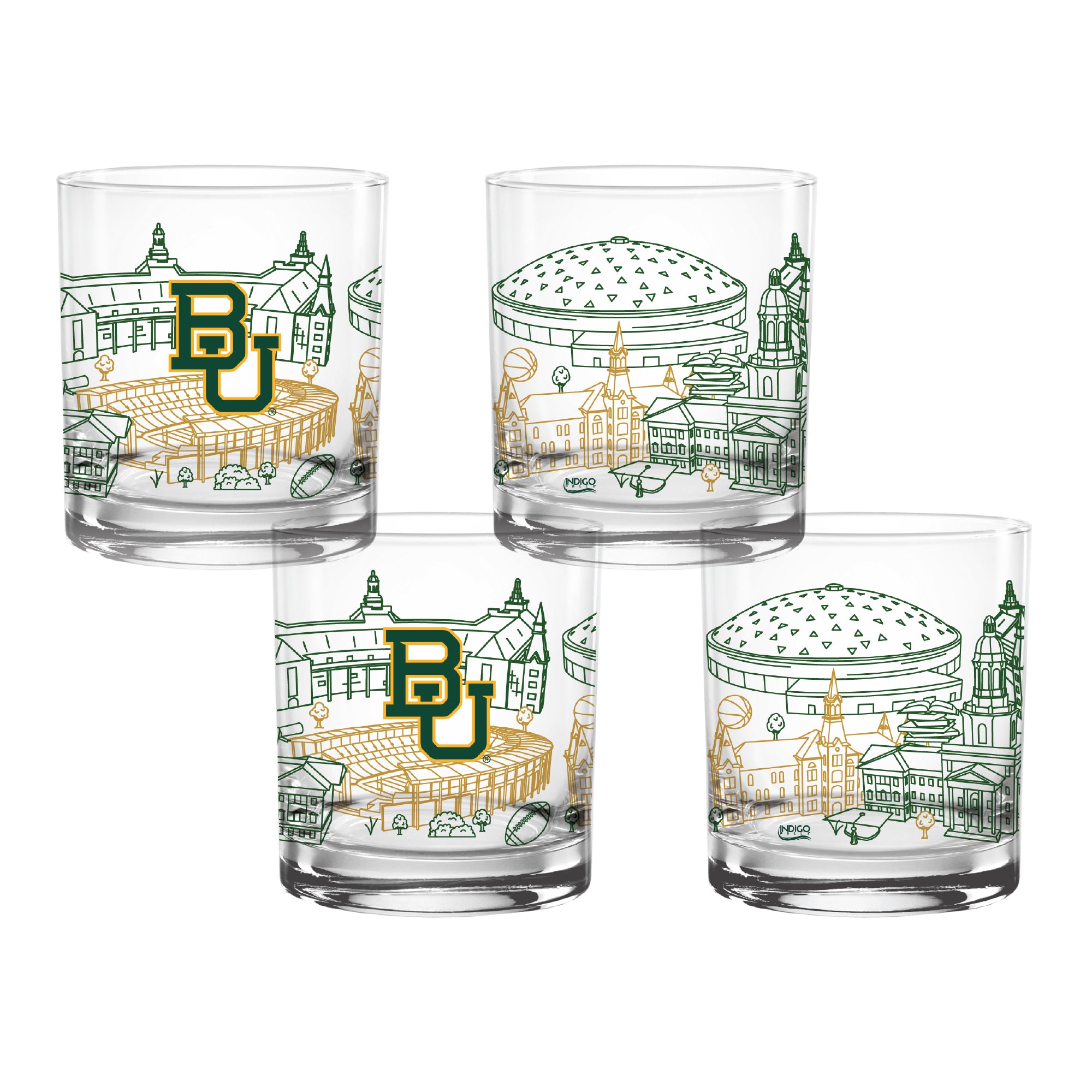 Set of 4 Baylor Bears Campus Line Art 14oz Rocks Glasses