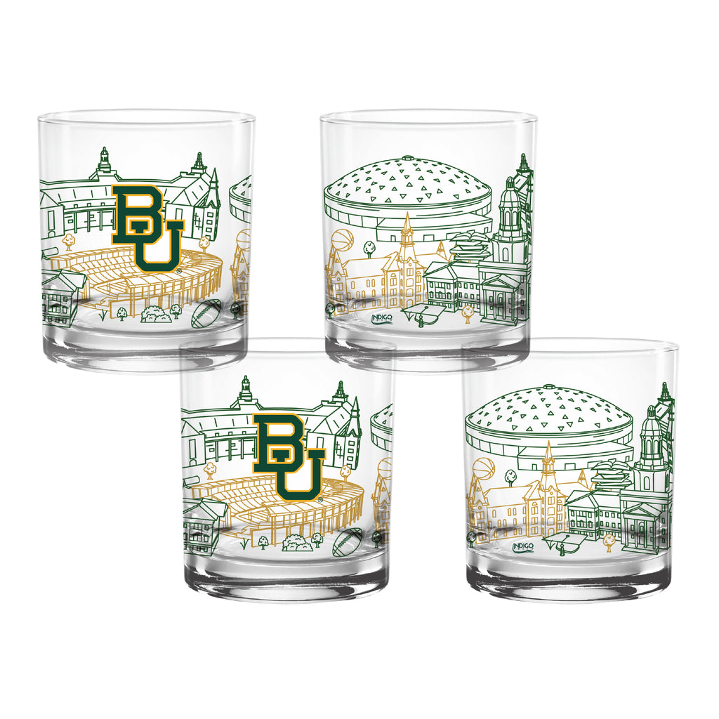 Set of 4 Baylor Bears Campus Line Art 14oz Rocks Glasses