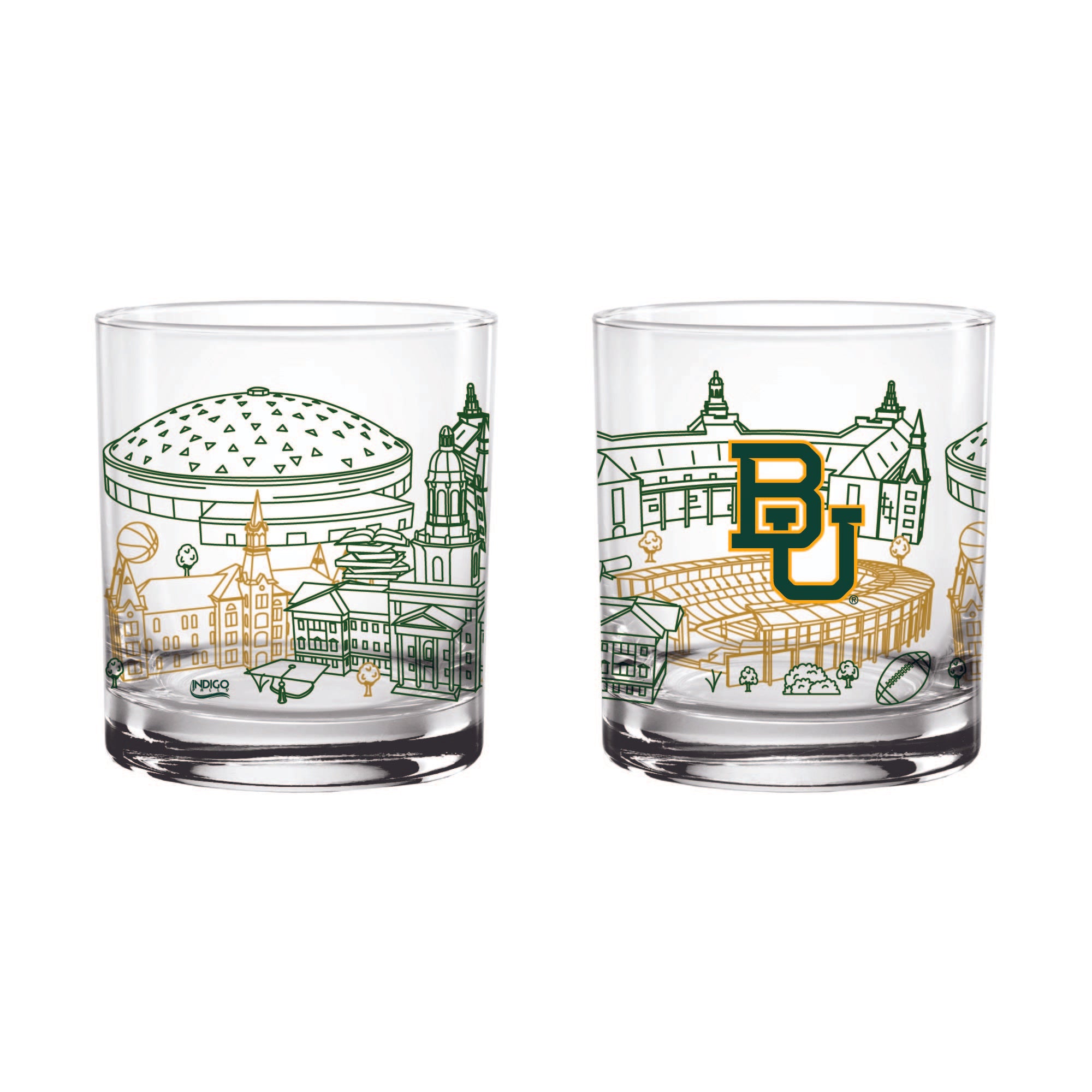 Set of 2 Baylor Bears Campus Line Art 14oz Rocks Glasses