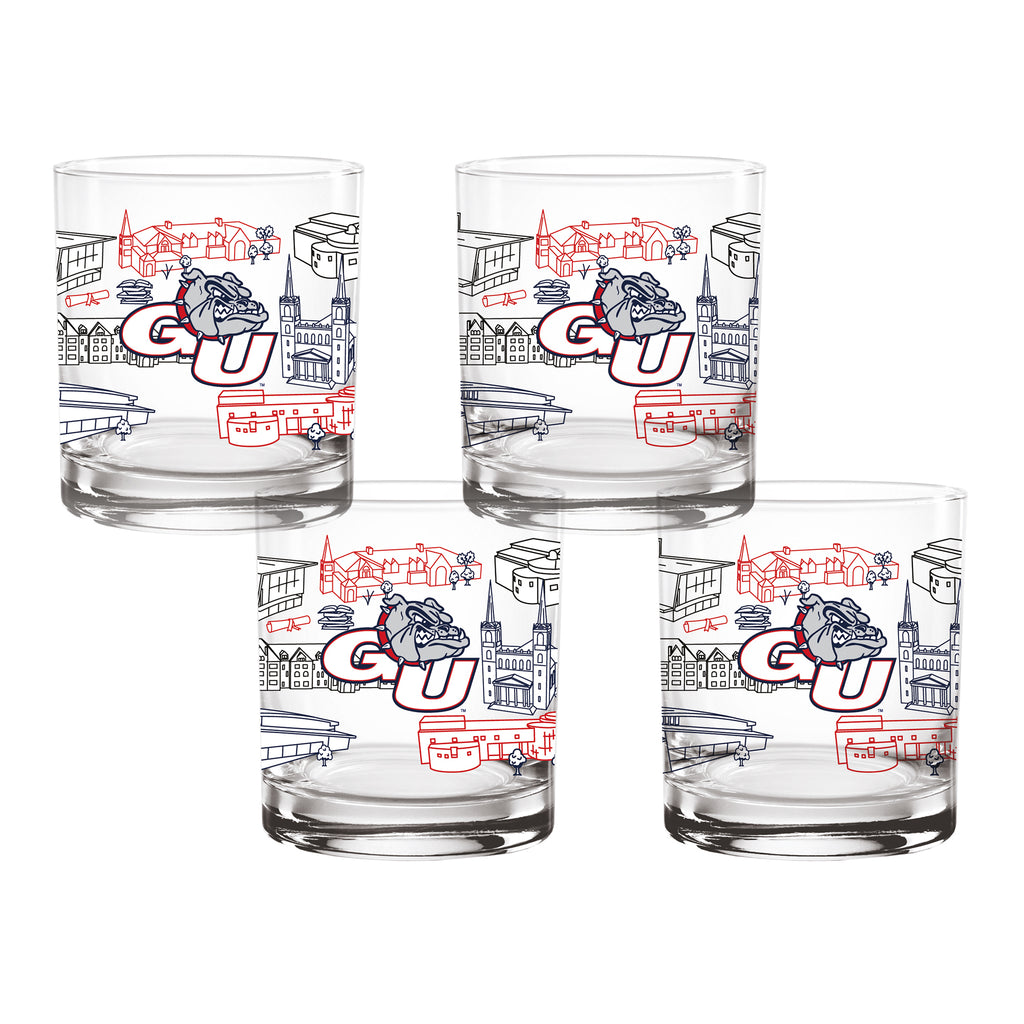 Set of 4 Gonzaga Bulldogs Campus Line Art 14oz Rocks Glasses