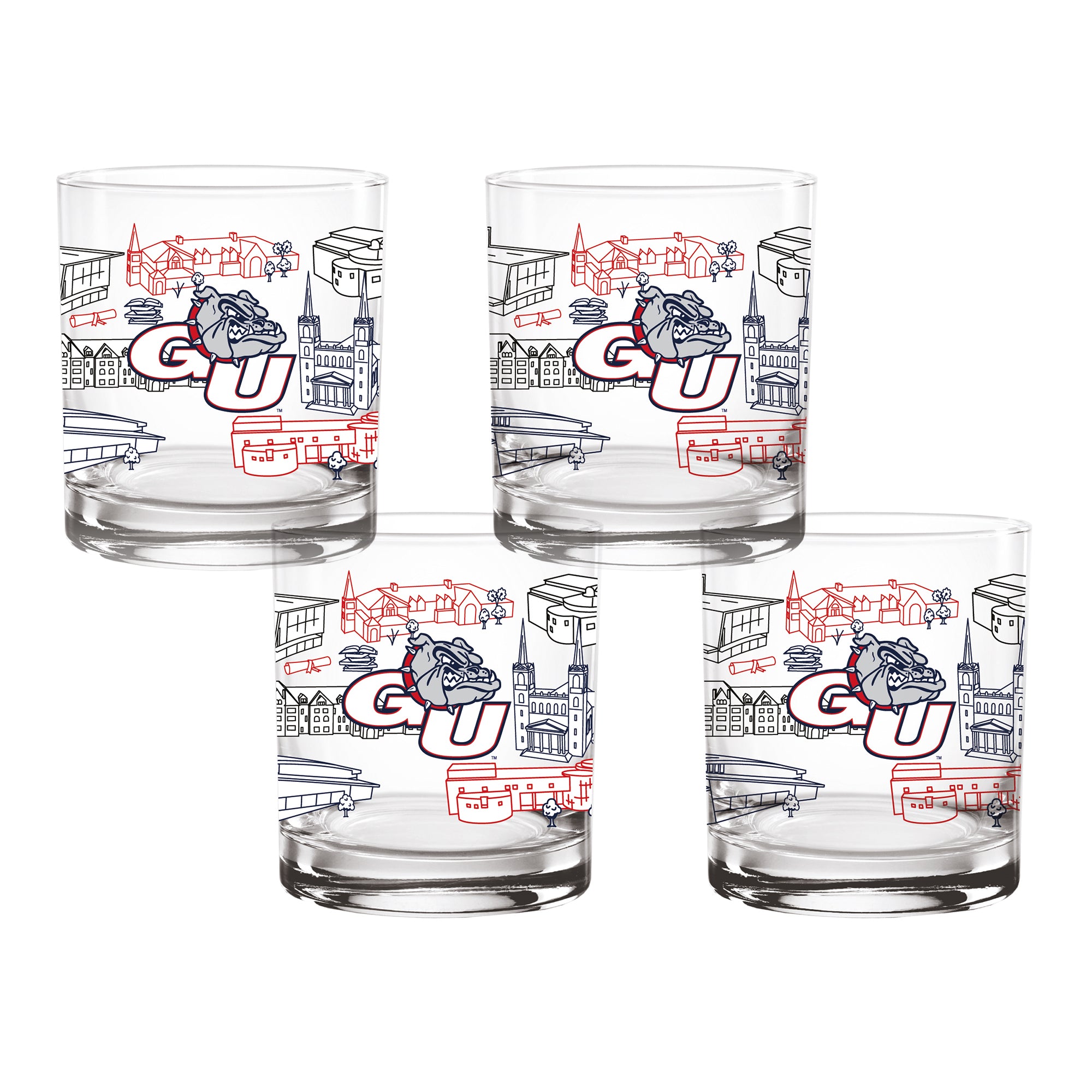 Set of 4 Gonzaga Bulldogs Campus Line Art 14oz Rocks Glasses