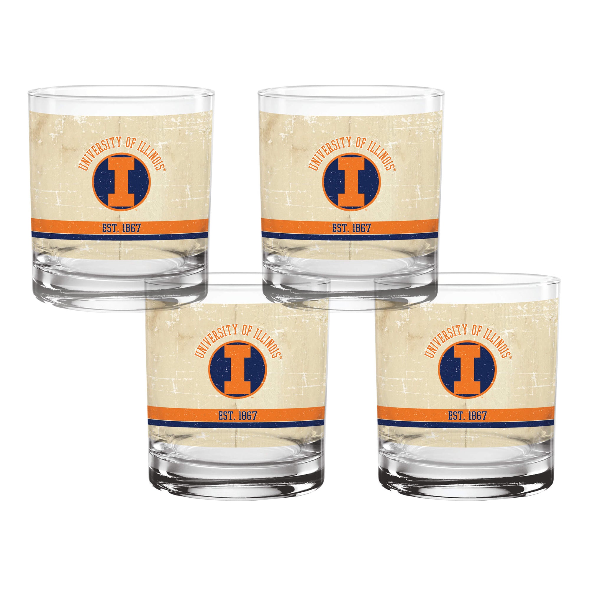 Set of 4 Illinois Fighting Illini College Vault Tan Retro 14oz Rocks Glasses