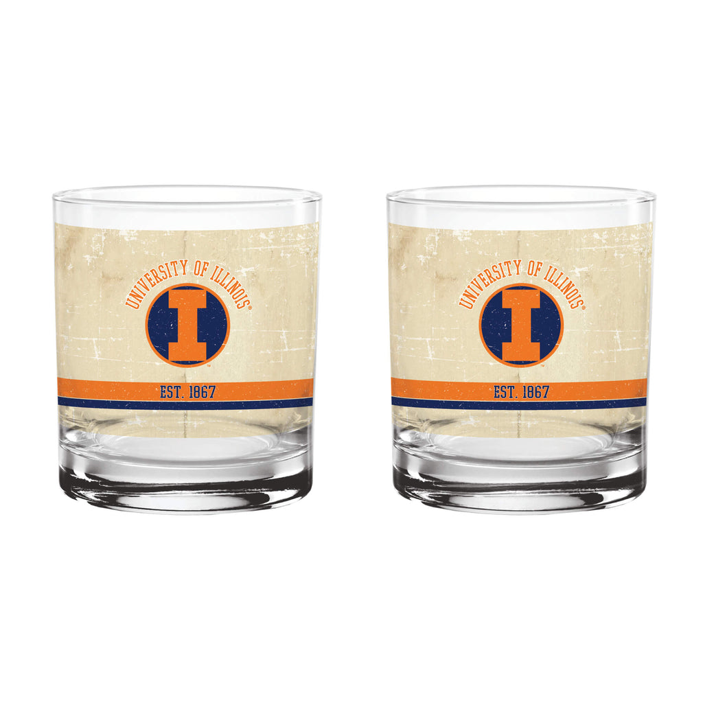 Illinois Fighting Illini Set of 2 College Vault Tan Retro 14oz Rocks Glasses