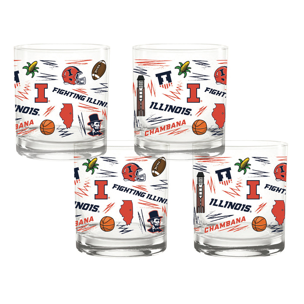 Set of 4 Illinois Fighting Illini 14oz Local Rocks Glasses