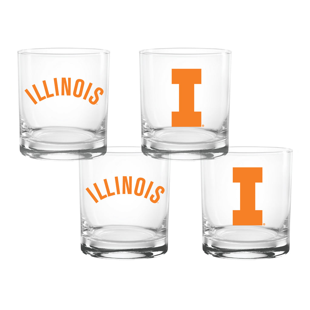 Set of 4 Illinois Fighting Illini College Vault Sketch 14oz Rocks Glasses