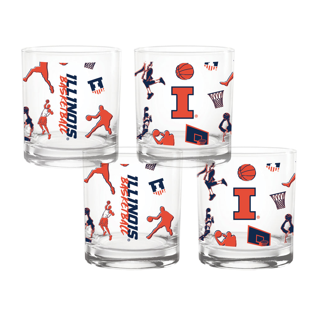 Set of 4 Illinois Fighting Illini Basketball Sketch 14oz Rocks Glasses