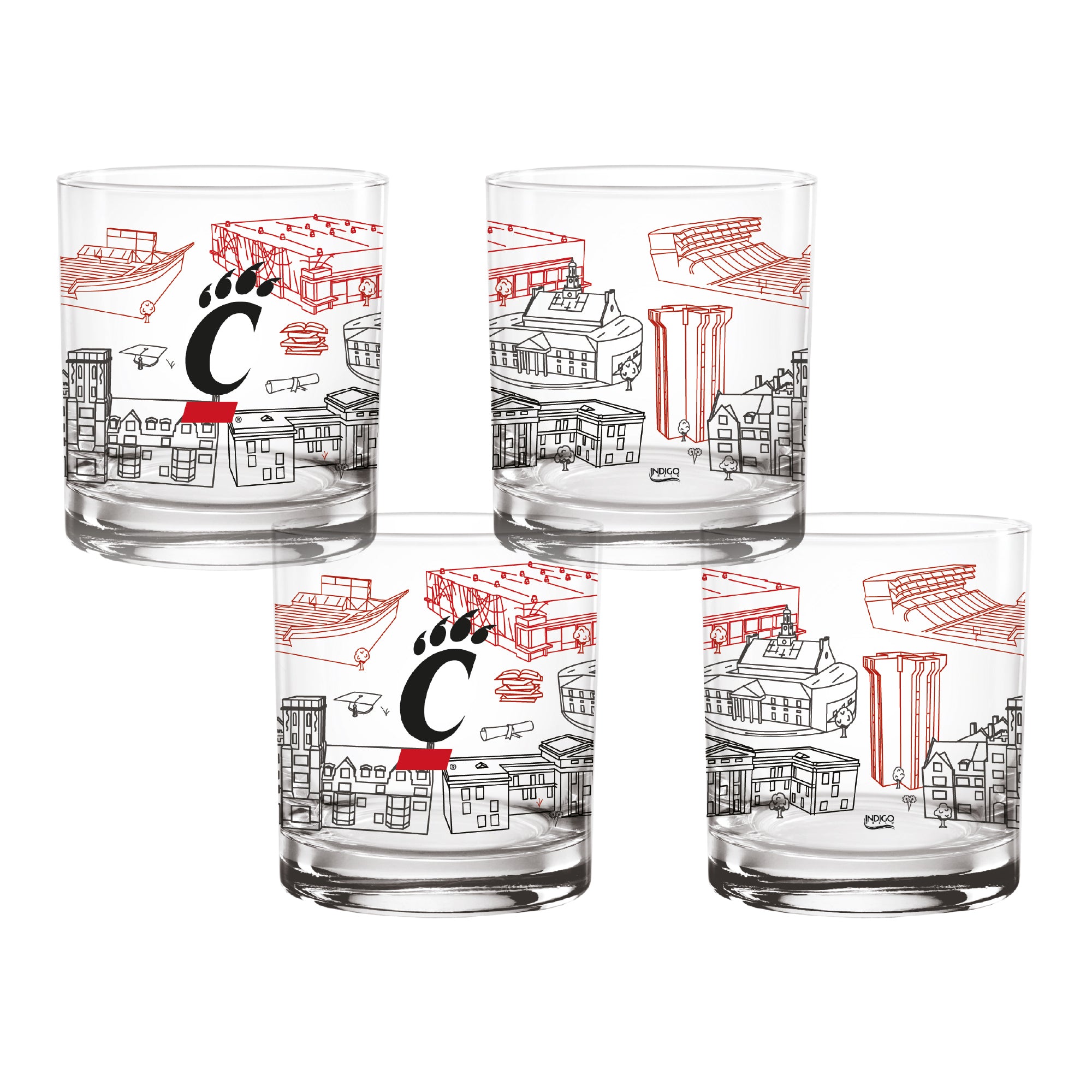 Set of 4 Cincinnati Bearcats Campus Line Art 14oz Rocks Glasses