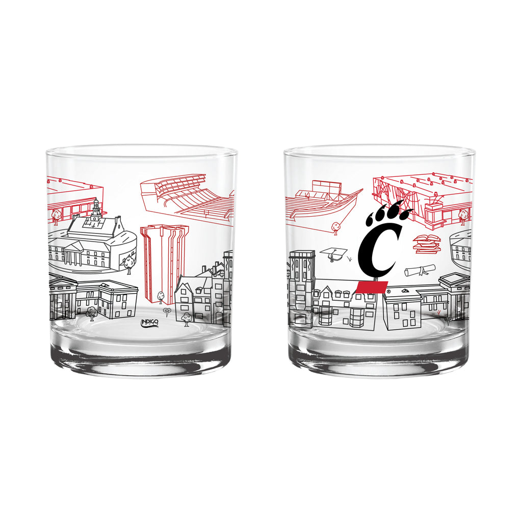 Set of 2 Cincinnati Bearcats Campus Line Art 14oz Rocks Glasses