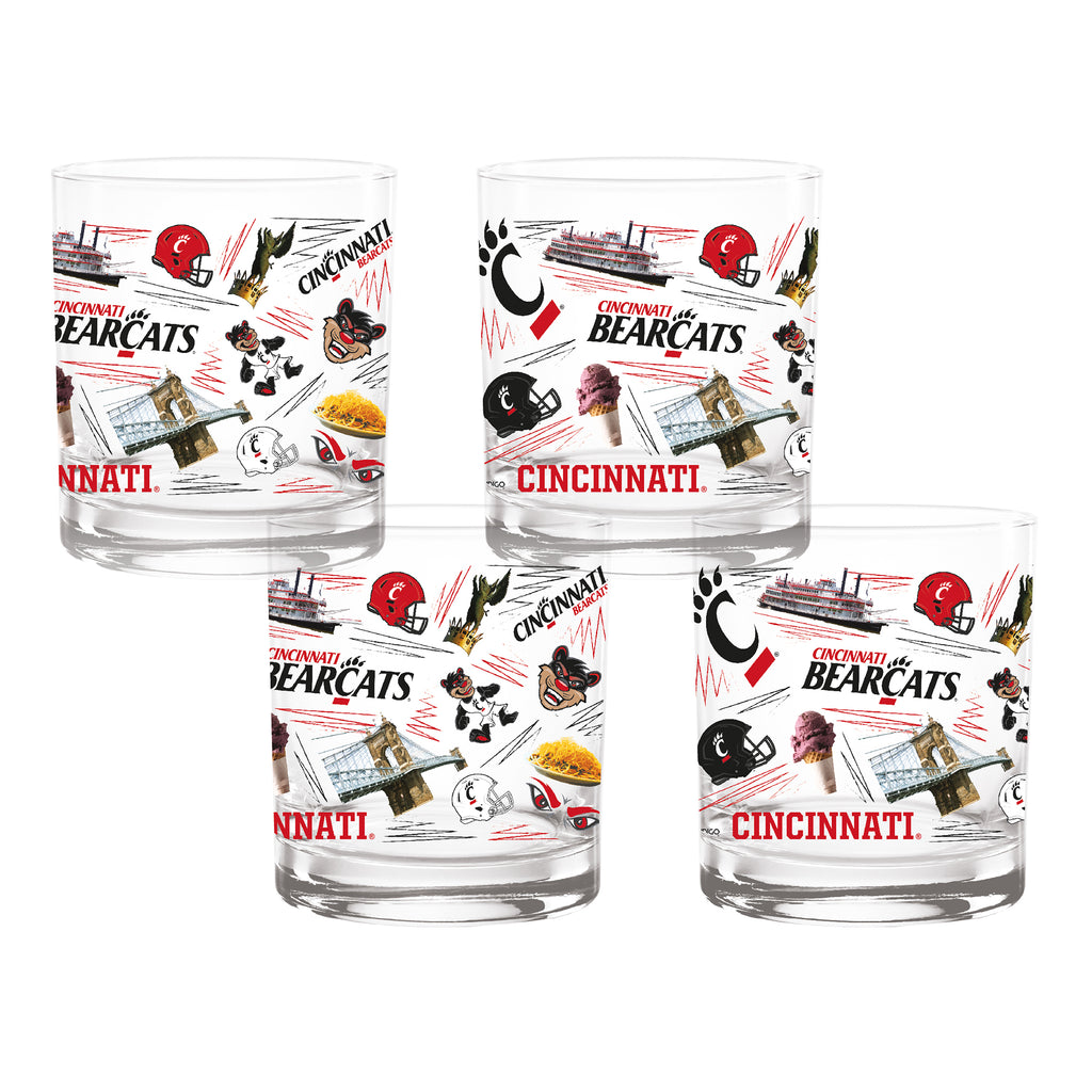 Set of 4 Cincinnati Bearcats 14oz Local Rocks Glasses